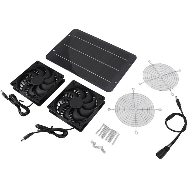 Ventilator de evacuare alimentat solar, pentru sera, sopron, garaj, 7W 12V, negru