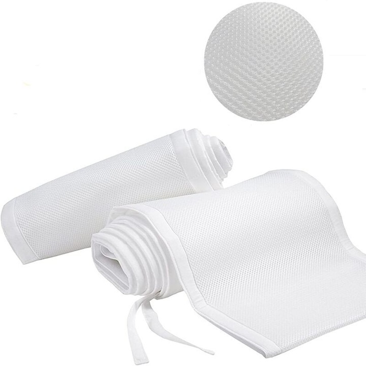 Bumper patut bebelusi, 4 laturi, design din plasa respirabila, alb, 160x30cm/340x30cm