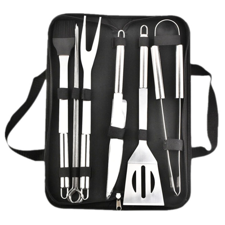 Set ustensile gratar, inox, 5 piese, cu cutie de depozitare