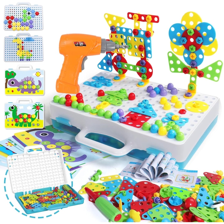 Oktató játék készlet fúróval, Oricean, 224 darab, 2D/3D alkotás, többszínű, 3-6 éves gyermekeknek