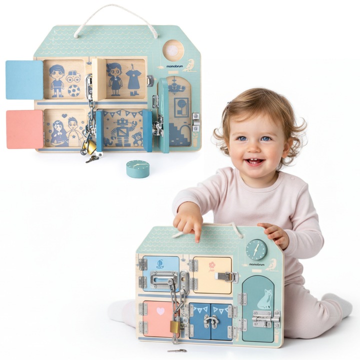 Tabla senzoriala Montessori Mamabrum, casuta cu incuietori, 5 mecanisme, lemn, 30, 2x3, 1x22, 6cm