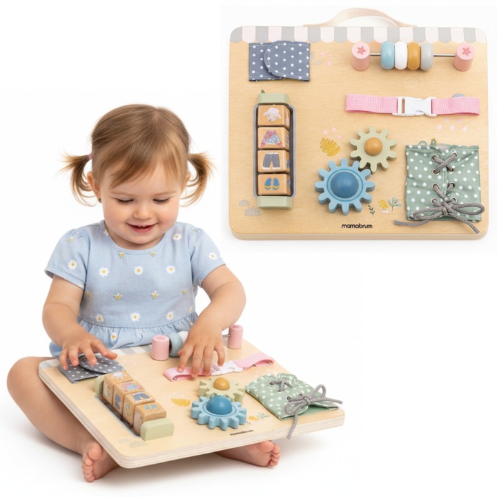Tabla senzorială Montessori din lemn Mamabrum, 6 activități, dimensiuni 30x24x5, 3 cm, pentru dezvoltarea motricității fine