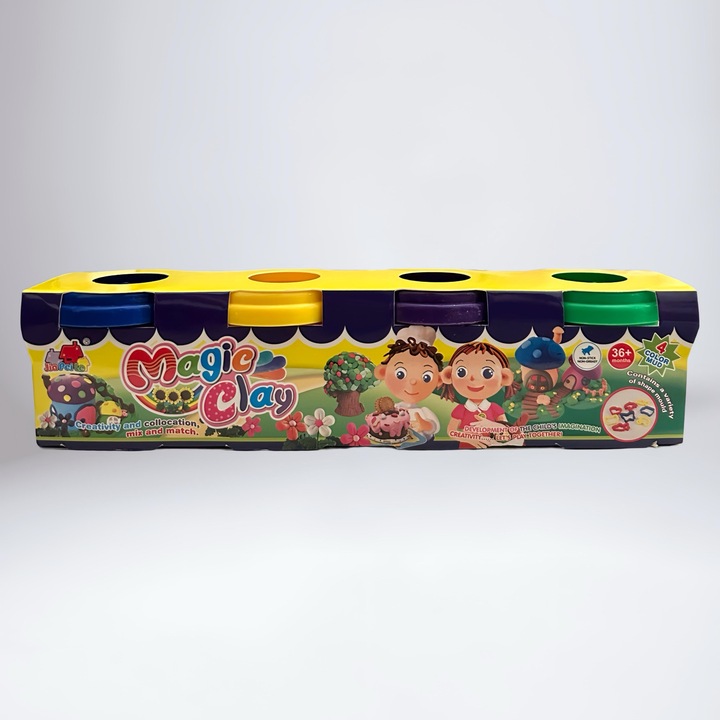 Set Plastilina Magic Clay 4 Culori, Cutie cu Capace Individuale, Modelare Creativa, 3+ ani
