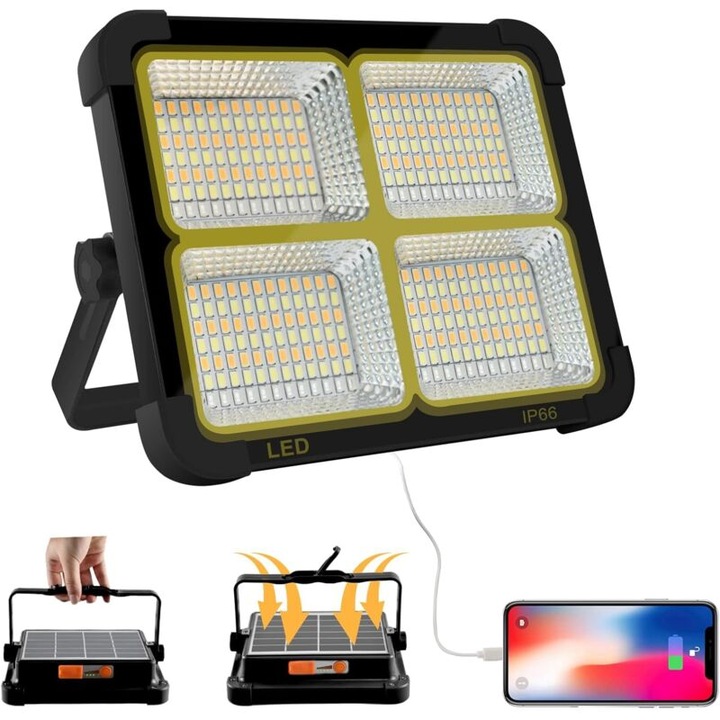 Proiector LED 100W, 10000LM, cu panou solar, lampa de lucru portabila, 16500mAh, pentru camping, garaj, atelier, IP66, brat articulat