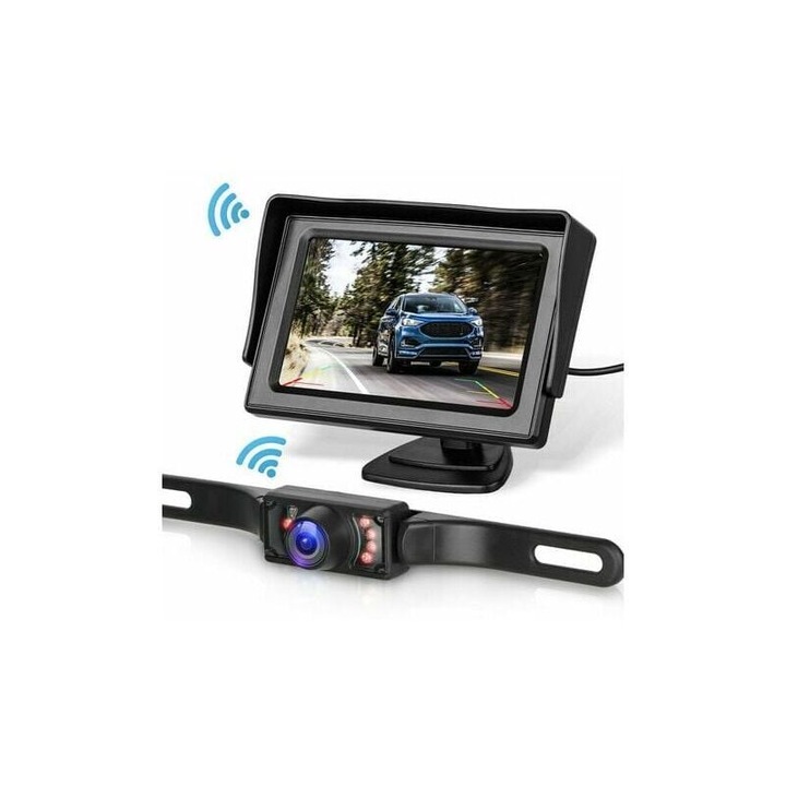 Sistem camera de rezerva wireless pentru auto, 4.3" monitor, camera HD cu unghi de 170°, impermeabil IP68