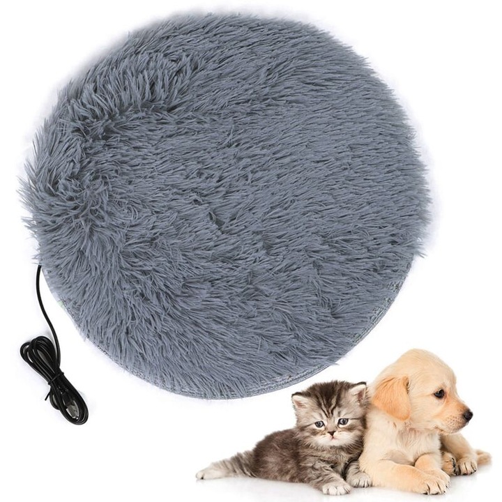 Електрическо одеяло за домашни любимци, капитонирано, сребристо сиво, 40 см, USB отопление, за малки кучета и котки