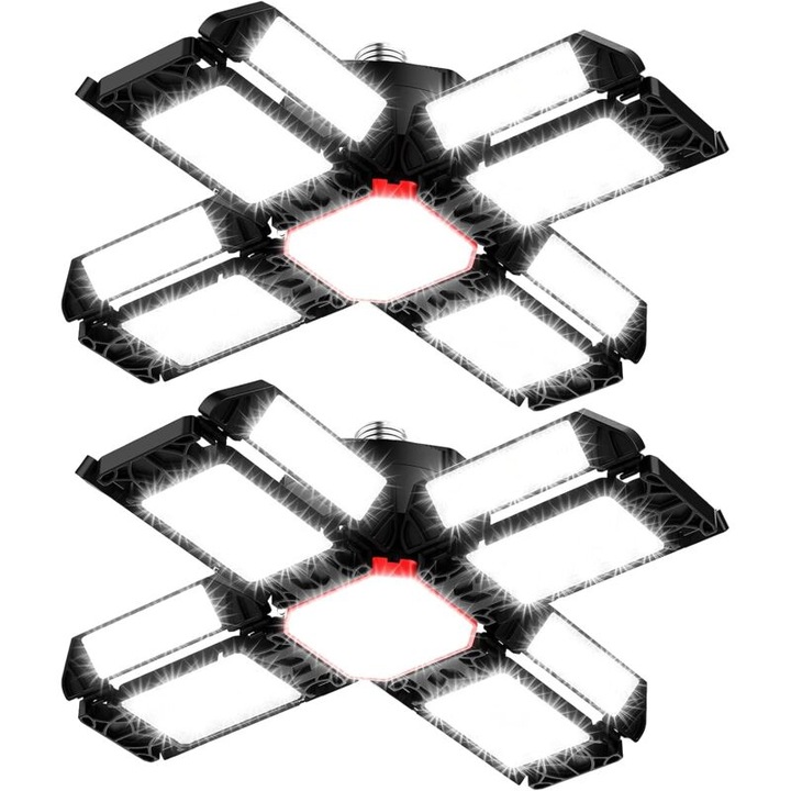 Becuri LED 200W, 20000LM, 6500K, set 2 bucati, design deformabil cu 12 panouri ajustabile, pentru garaj, atelier, depozit