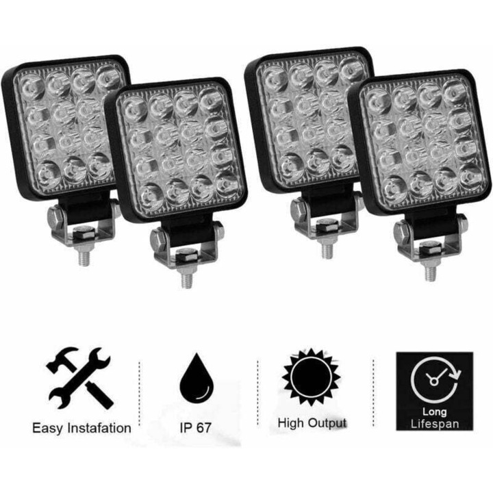 Set 4 Proiectoare LED 3 Inch 48W, Waterproof, 6000K, pentru Camion, Tractor, SUV, Off-Road