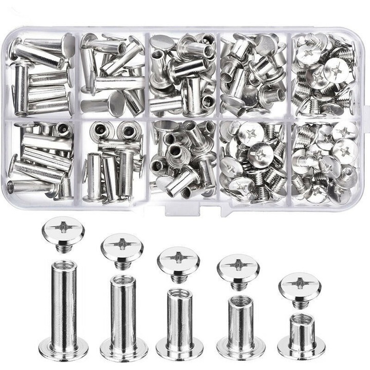 Set 100 suruburi de prindere Chicago, 5 dimensiuni, otel carbon, argintii