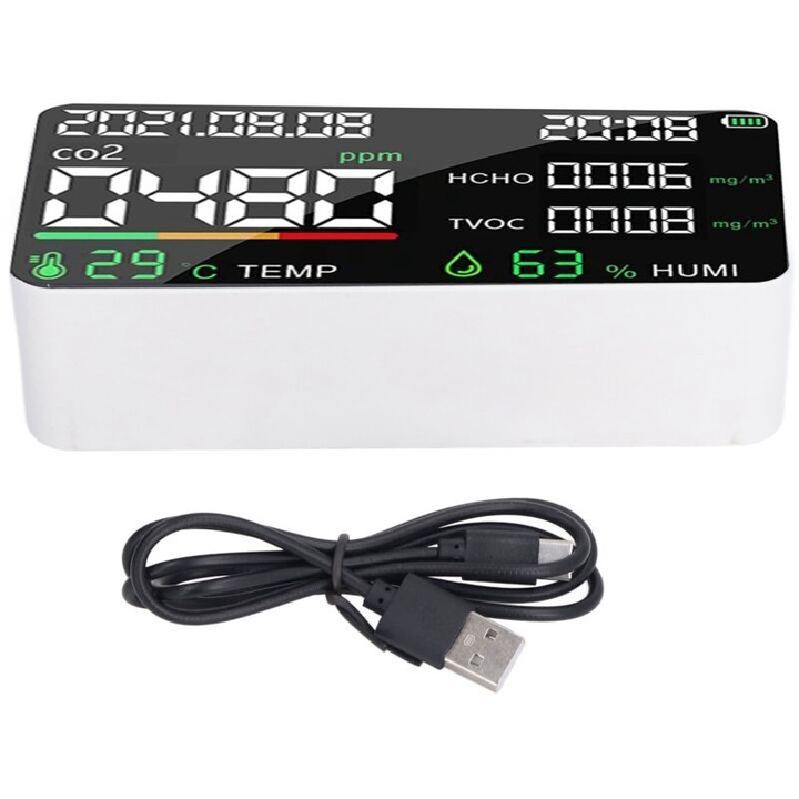 Detector de Dioxid de Carbon 1200mAh, Multifunctional, Umiditate si Temperatura, Alb, Set