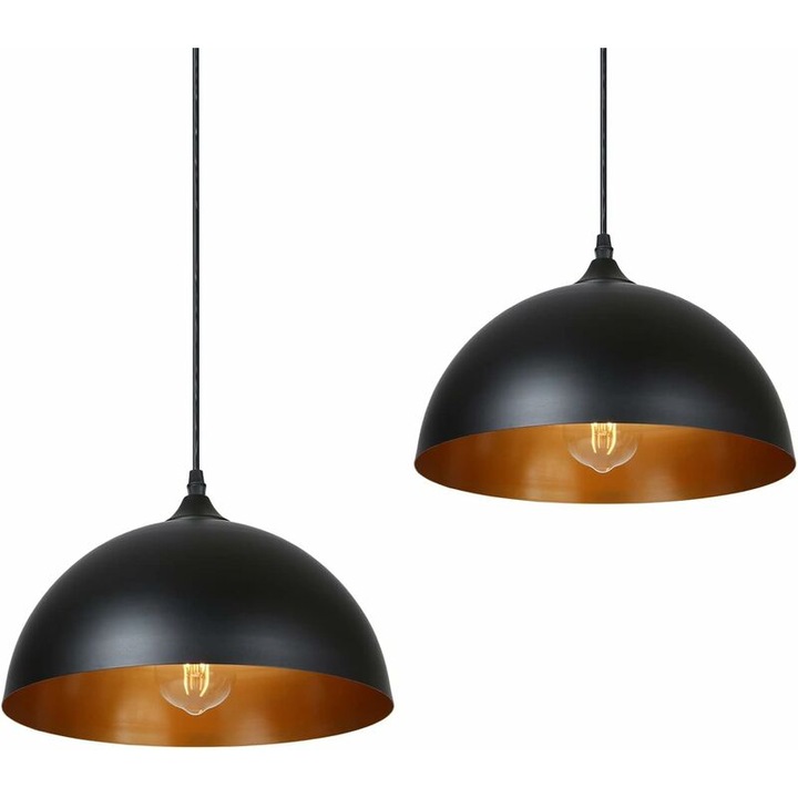 Set de 2 lustre retro din metal - stil industrial vintage - diametru 30 cm - negru - cablu ajustabil 60-120 cm