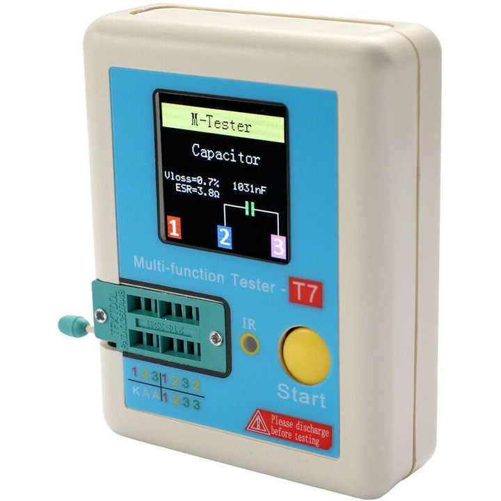 Instrument de testare multifunctional, 160x128 TFT, masoara tranzistori, diode, condensatori, rezistori, albastru, 9x7x2.7cm, set complet.