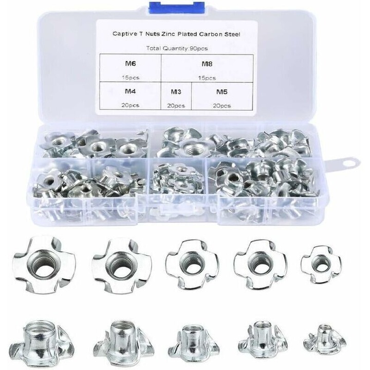 Set de 90 de T-nuts pentru prelucrarea lemnului, M3/M4/M5/M6/M8, argintii