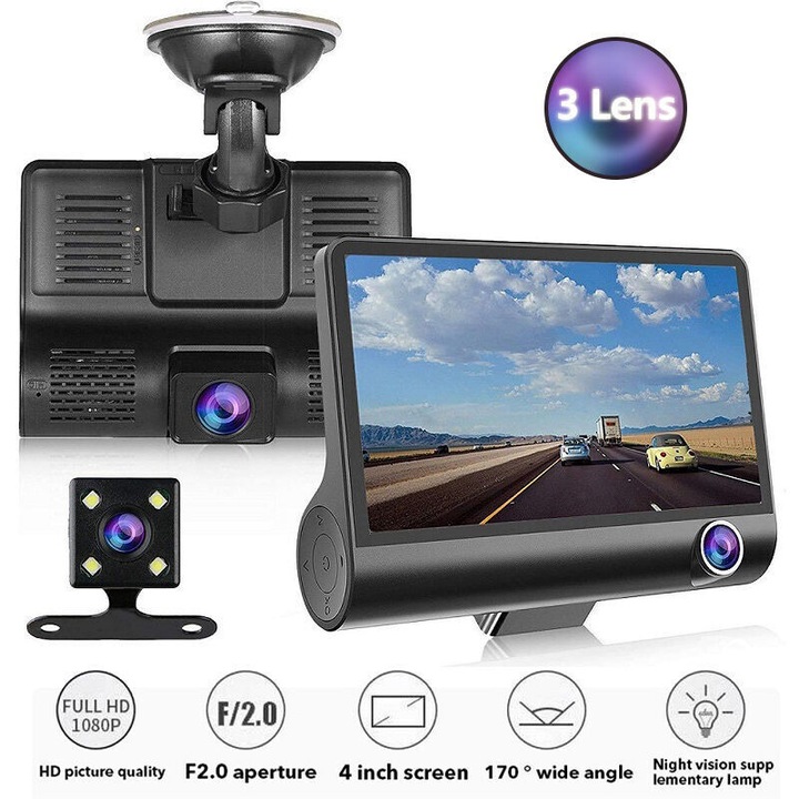 Camera auto DVR, 3 camere, Full HD 1080P, 170° unghi larg, ecran LCD 4.0 inch, set