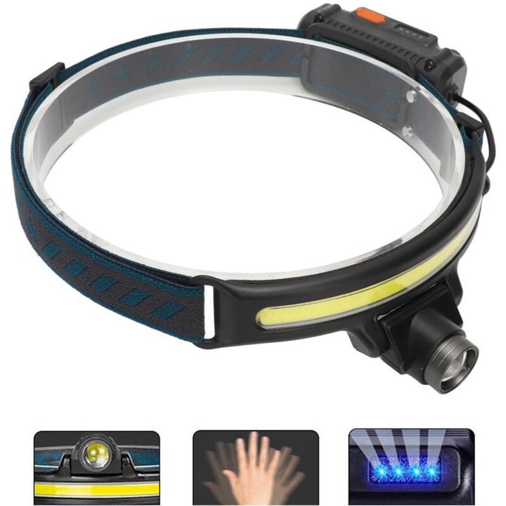 Többfunkciós lámpa mozgásérzékelővel, COB LED, USB töltés, 170g, túrázáshoz, kempingezéshez, futáshoz