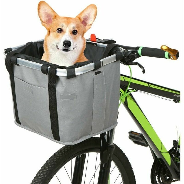 Cos de bicicleta pliabil, design pentru animale mici, suport detasabil, 36x30x28cm, multicolor
