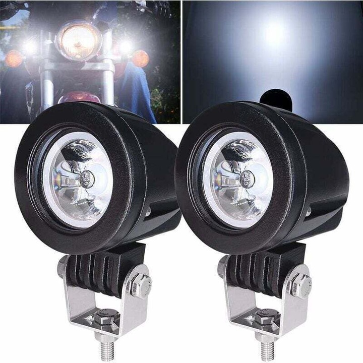 Set 2 Proiectoare LED 10W pentru Motocicleta, Alb, 2 inch, 1800LM, 10-30V