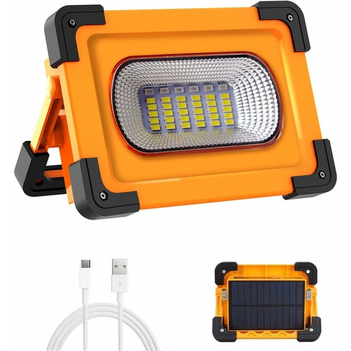 Proiector LED portabil 60W, 4 moduri de iluminare, cu baterie reincarcabila si panou solar, pentru camping, set de lucru