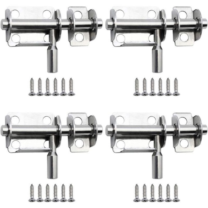 Set 4 bolturi glisante mini din inox, 65x26mm, cu 24 suruburi 12mm, pentru usi de baie, usi din lemn, usi pentru animale de companie.