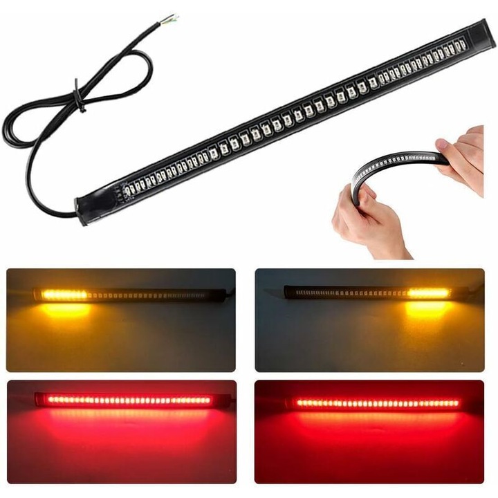 Bara de lumini pentru motocicleta cu 48 LED-uri, rosu + chihlimbar, dimensiuni 193x8.3x3.6mm, flexibila, set