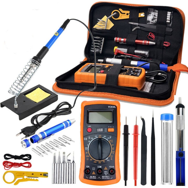 Kit de lipit, 60W, temperatura ajustabila 200-450C, 5 varfuri de lipit, multimetru, suport, geanta de transport