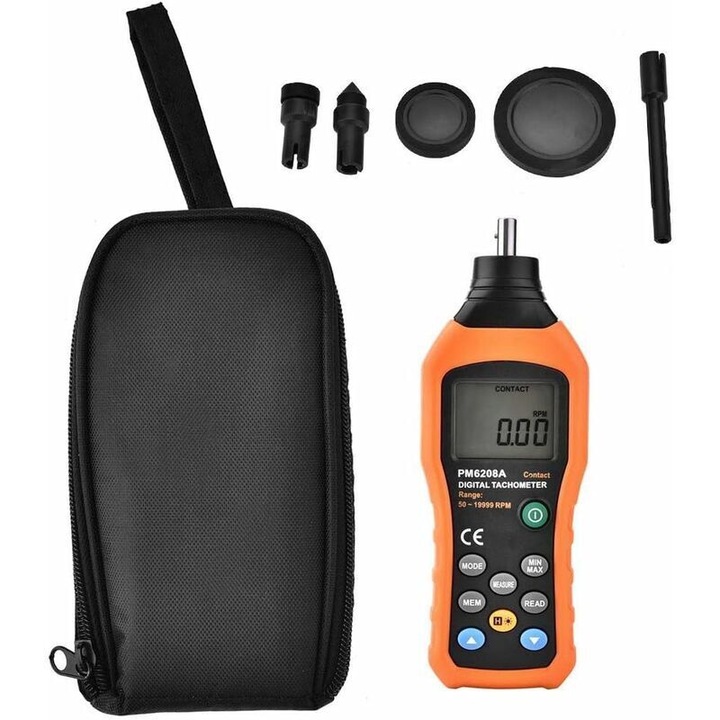 Tachometru digital PM6208A, display LCD cu iluminare, 50-19999 RPM, 4 baterii AAA incluse