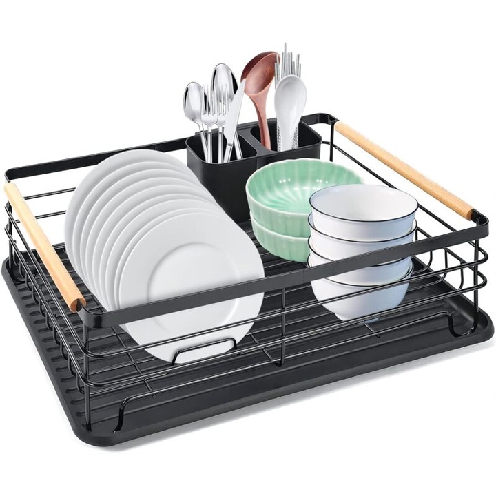 Rozsdamentes acél edényszárító evőeszköztartóval és kivehető csepegtetőtálcával, nagy kapacitású, fekete, 16.7x12x5.5 hüvelyk