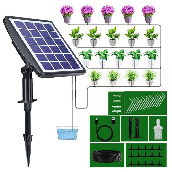 Sistem de irigare automatizat cu energie solara, kit de picurare cu timer, 10 picuratori, 10 teuri, 10m furtun, pentru gradini si terase