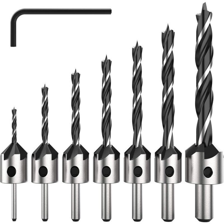 Set de burghie HSS 7 piese, 3-10mm, pentru lemn, cu margine fazata, din otel carbon tratat termic