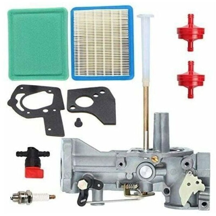 Csere karburátor Briggs & Stratton motorokhoz, készlet 1 karburátorral, 1 tömítéskészlettel, 2 üzemanyagszűrővel, 1 légszűrővel, 1 előszűrővel, 1 gyújtógyertyával, 1 üzemanyag-elzáró szeleppel, 5HP
