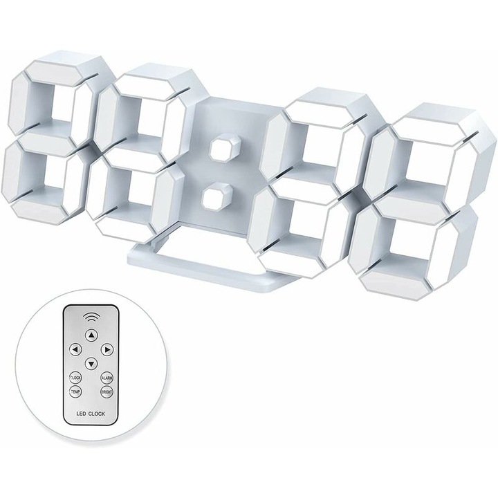 Ceas digital de perete 3D, alarma cu iluminare, functie de amanare, luminozitate ajustabila, format 12/24 ore, data/temperatura, cu telecomanda, set