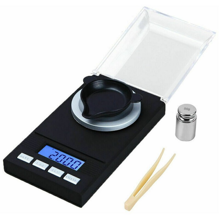 Cantar electronic de precizie 50g x 0.001g, cu display LCD, multifunctional, set cu greutate de calibrare