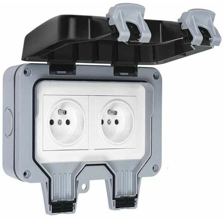 Priza dubla exterioara impermeabila IP66, 16A, design din ABS, pentru utilizare in aer liber, 1 bucata