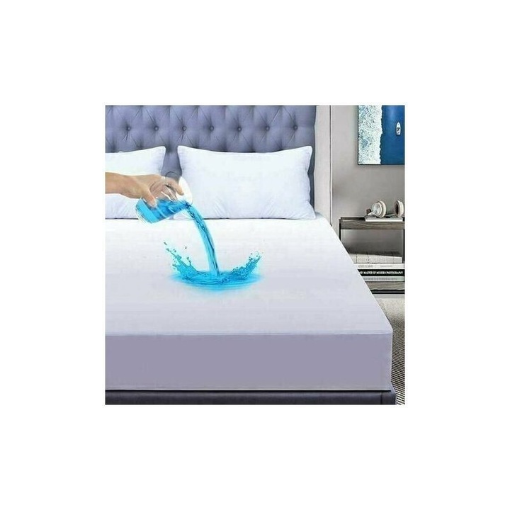 Protectie saltea din bambus, 140x200 cm, impermeabila, moale, husa extensibila cu fuste adanci de 30 cm, alb