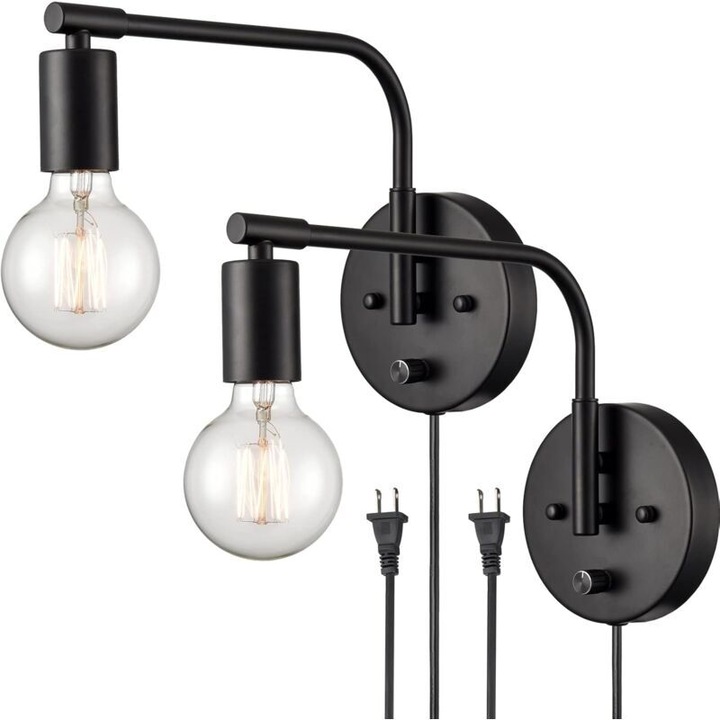 Aplice de perete moderne, set de doua, cu brat mobil, finisaj negru, 5.9 picioare cablu plug-in