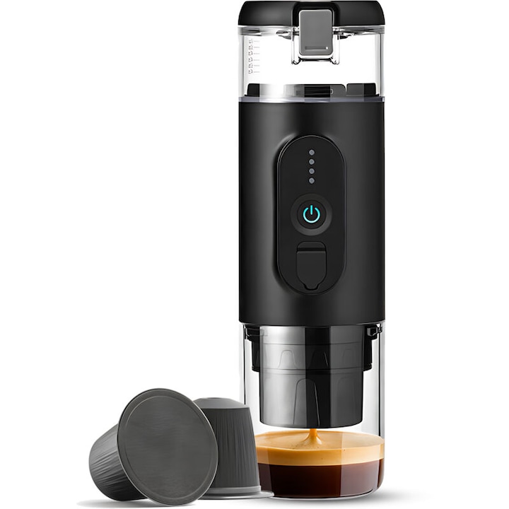 Espressor portabil, 2-in-1, capacitate 60ml, negru, 12V, cu acumulator de 2500mAh