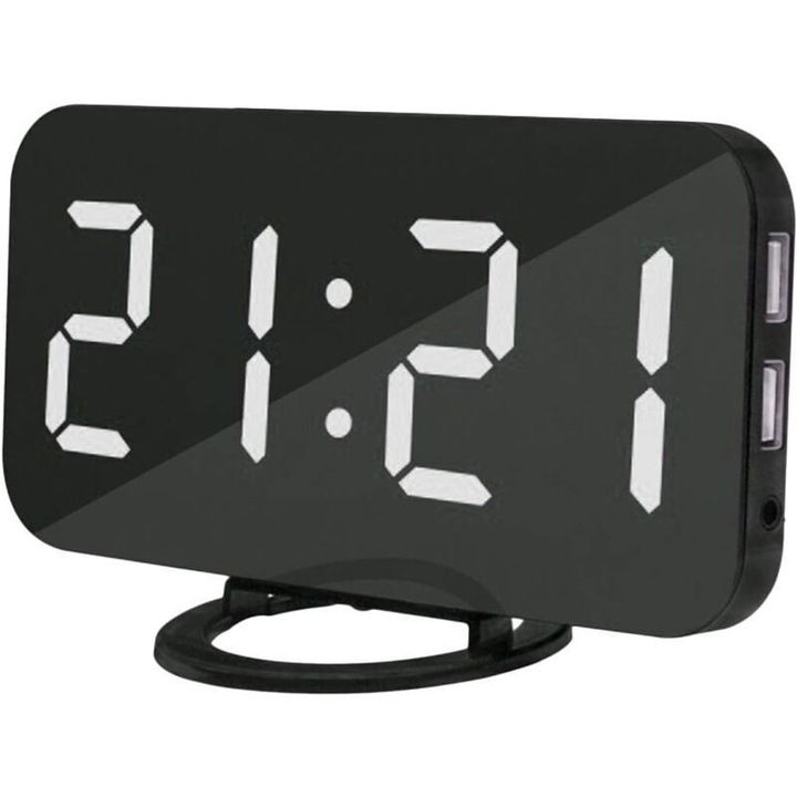 Ceas desteptator digital, 6.2 inch, display LED, functie snooze, 2 porturi USB, alb, 15.8x7.7x1.3cm