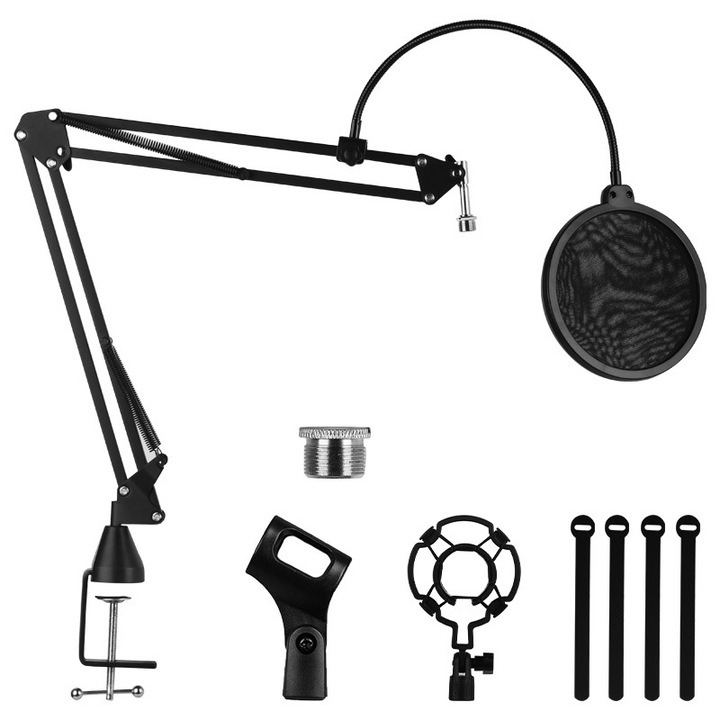 Suport microfon universal cu brat articulat, filtru pop dublu, suspensie, clema si accesorii, negru, mediu