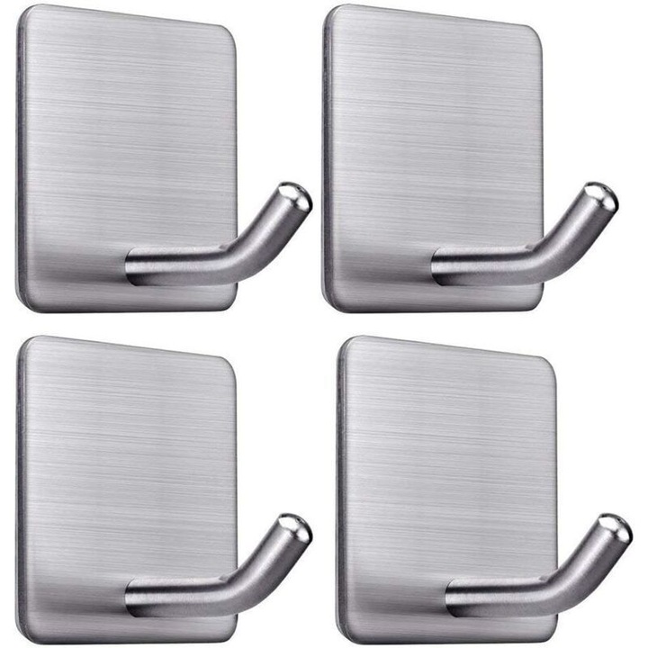 Set de 4 suporturi autoadezive din inox, capacitate maxima 8kg, argintii, dimensiuni 4.5x4.5x3.5cm