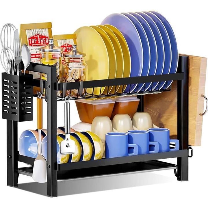 2 szintes edényszárító, fekete, nagy kapacitású, 43.5x24x34.3cm, evőeszköztartóval és csepegtetőtálcával