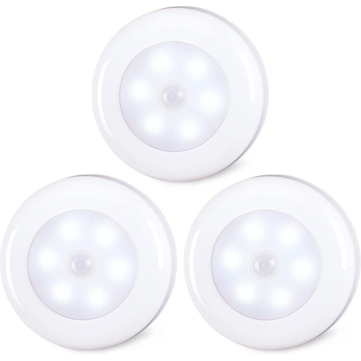 Set de 3 veioze cu senzor de miscare, LED wireless, alimentate cu baterii, pentru dulapuri, scari, bucatarii, alb rece, dimensiune 70mm