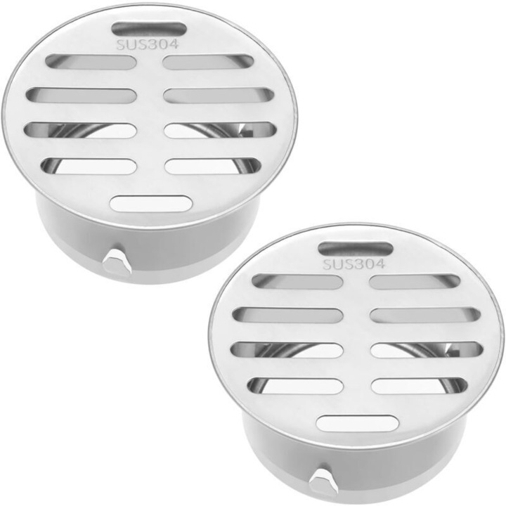 Set de 2 scurgeri de podea din otel inoxidabil 75mm, capac din plasa, rotund, pentru scurgeri exterioare, acoperisuri, bucatarii, bai, garaje
