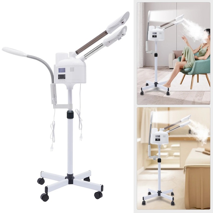 Sauna faciala 3-in-1, ecran tactil, lumina LED cu lupa, culoare fildes, 85-121 cm