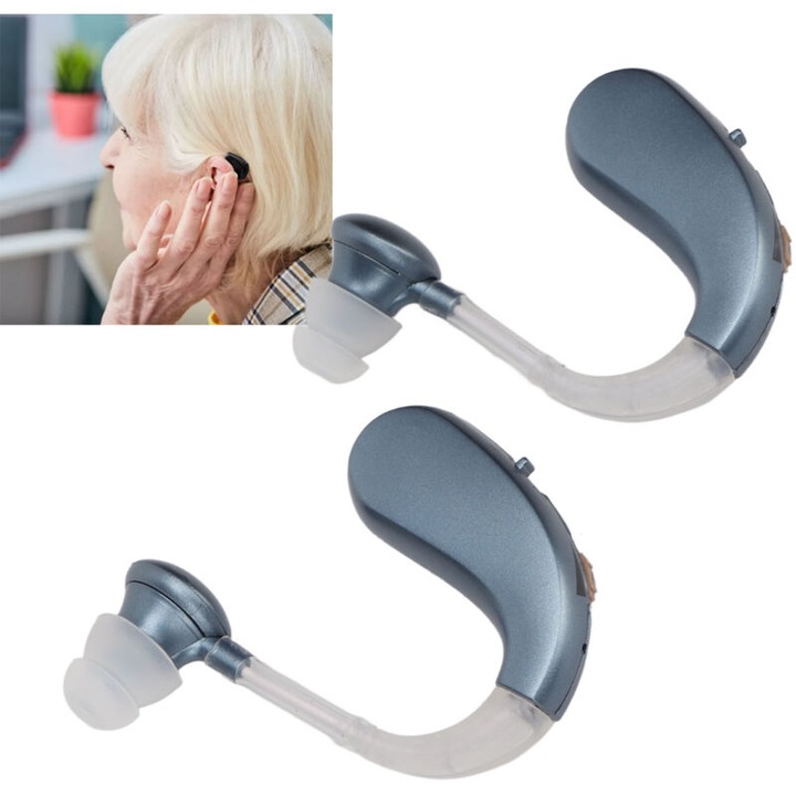 Aparat auditiv, 2 bucati, design ergonomic, reducere zgomot, argintiu, cu baterie reincarcabila