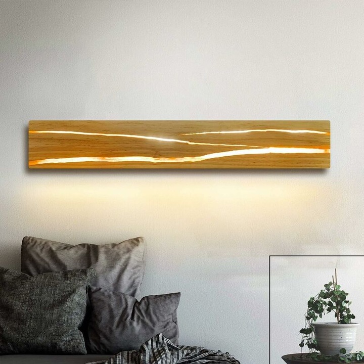 Aplica de perete din lemn, 50x8x3cm, lumina LED calda 8W, design retro, pentru interior