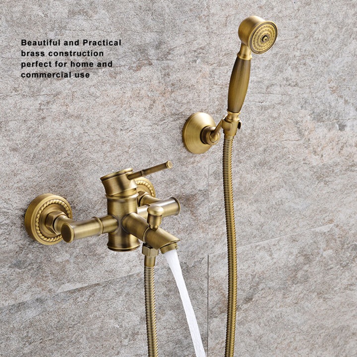 Set de dus din alama, design vintage european, cu accesorii, montare pe perete, 1806g