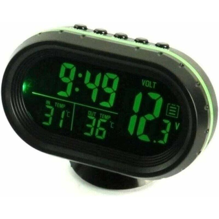 Ceas digital auto 4 in 1, termometru, voltmetru, alarma, display LCD, 12/24 ore, 9.3x6.8x2.5cm