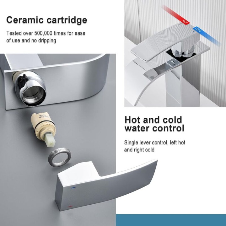 Baterie sanitara moderna pentru baie, design elegant, din alama, finisaj cromat, apa calda si rece, G3/8, set de instalare inclus