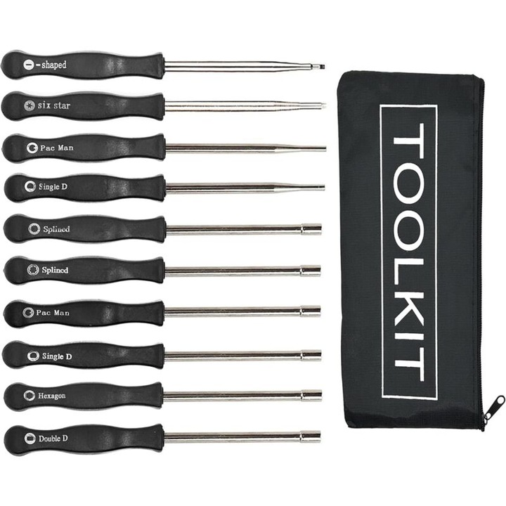 Set de unelte pentru reglarea carburatoarelor, 10 piese, din otel inoxidabil, cu maner ergonomic, cuttere diverse