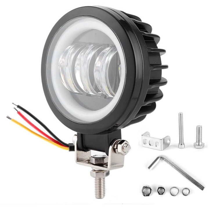 Proiector LED 30W, 6000K, alb rece, rotund, set de montaj ajustabil, pentru motociclete, ATV-uri, masini, barci